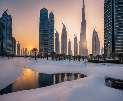 Sunrise over snowcapped dubai buildings