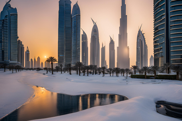 Sunrise over snowcapped dubai buildings